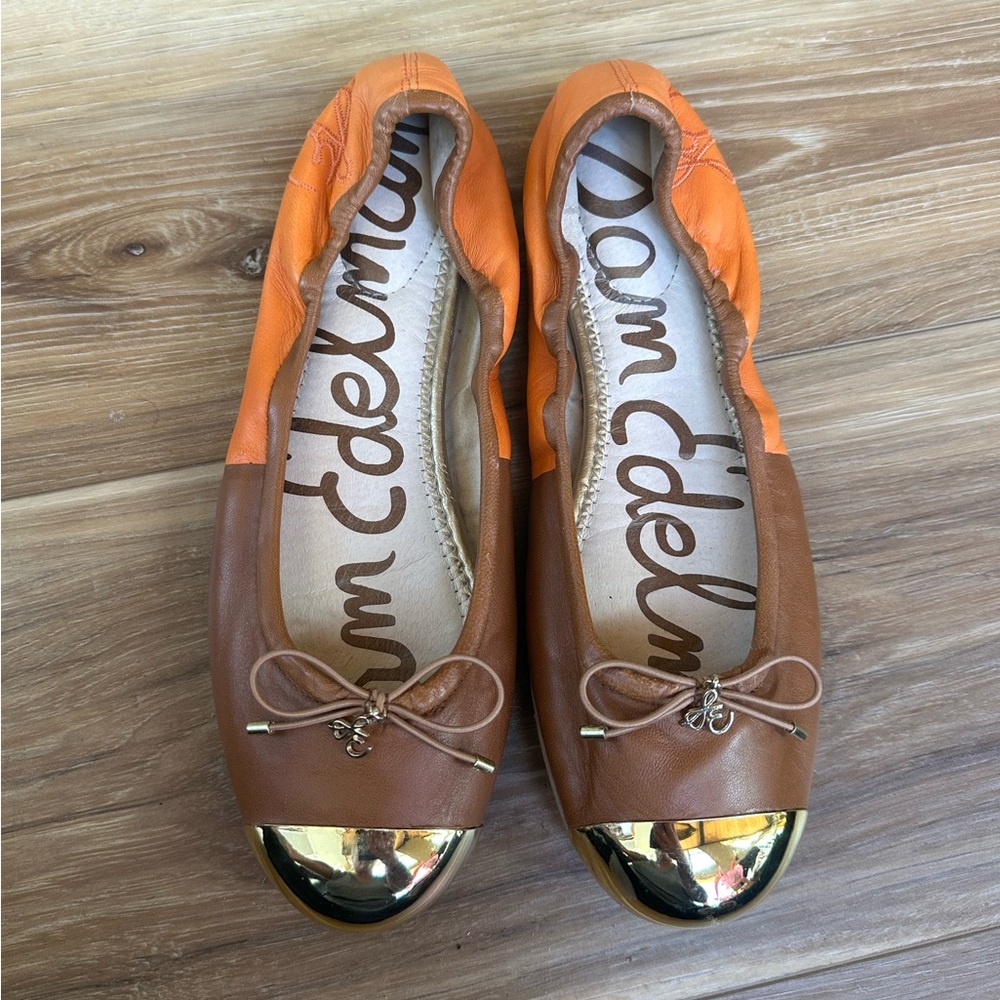 Sam Edelman Fairleigh Orange Tan  Gold Cap Toe Flats  Size 7.5